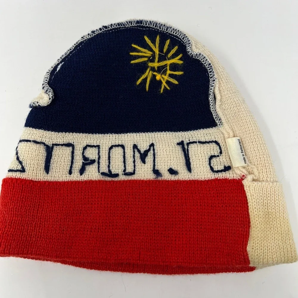 Vintage St Moritz Ski Beanie Wool Knit Hat Switzerland Retro Alpine Apres Ski